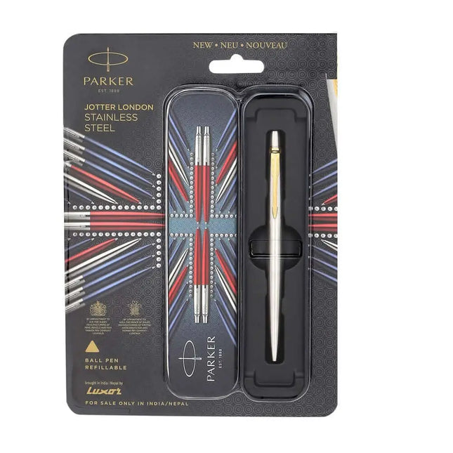 Parker Jotter Ball Pen | Ink Colour - Blue - Stainless Steel / Gold Trim - Ball Pens