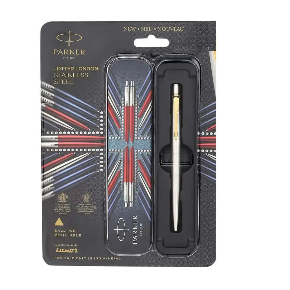 Parker Jotter Ball Pen | Ink Colour - Blue - Stainless Steel / Gold Trim - Ball Pens