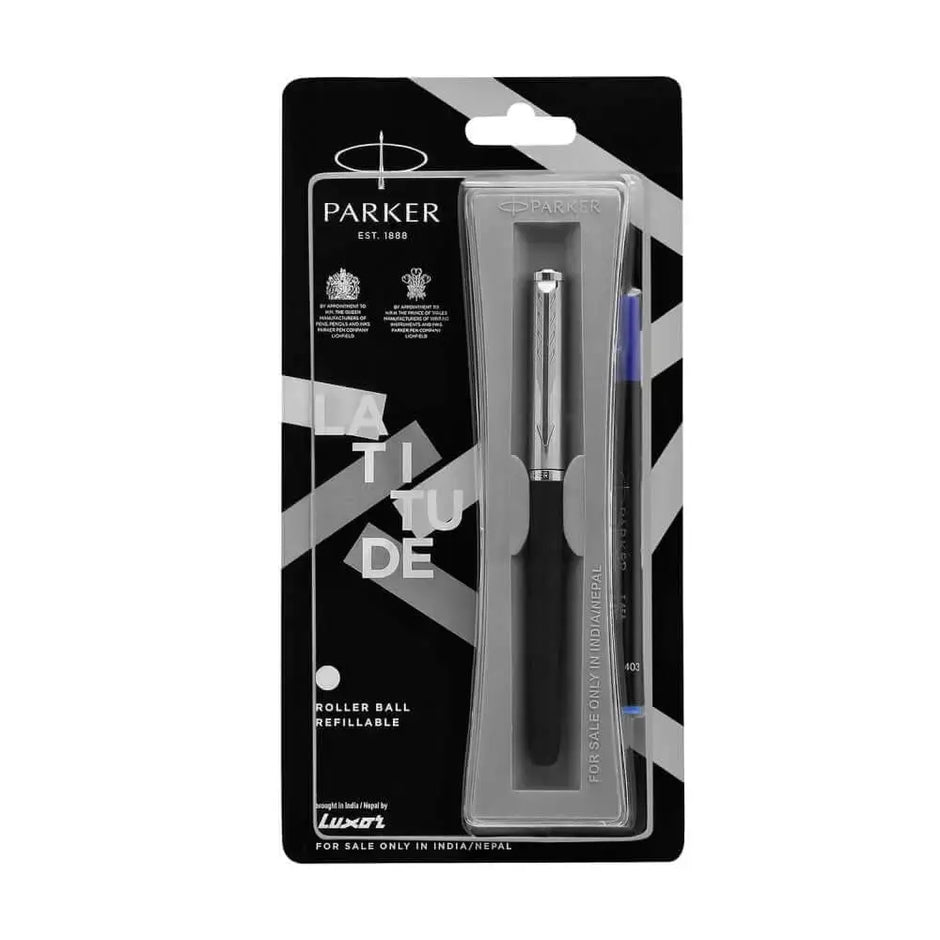 Parker Latitude Matt Metallix Roller Ball Pen | Ink Colour - Blue - Chrome Trim - Roller Ball Pens