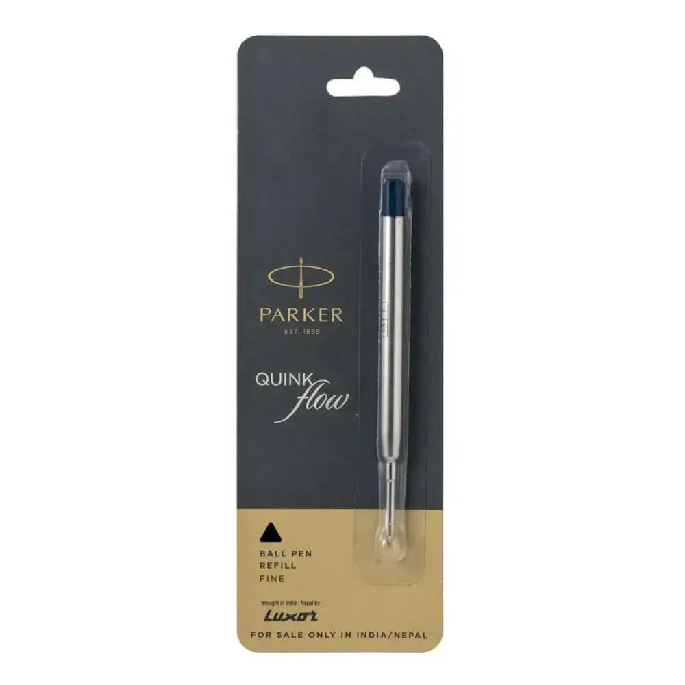 Parker Quink Flow Ball Pen Refill package showcasing fine blue ink for effortless writing.