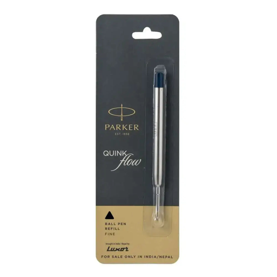Parker Quink Flow Ball Pen Refill package showcasing fine blue ink for effortless writing.