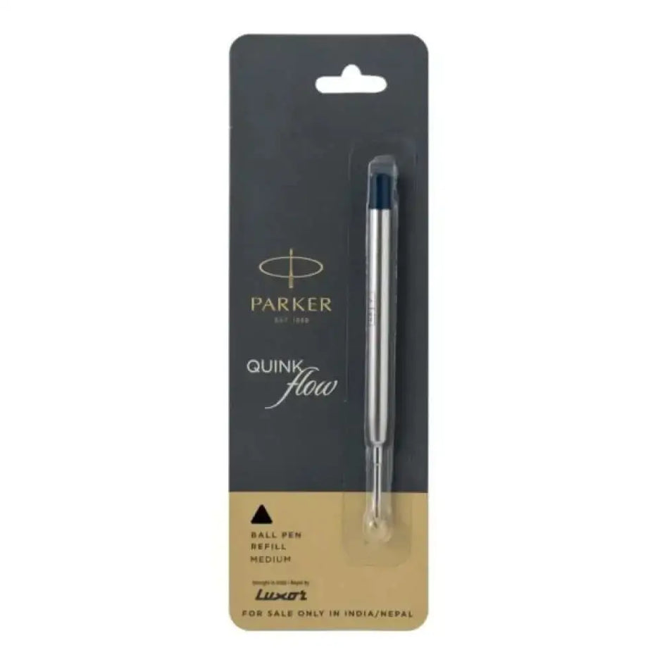 Parker Quink Flow Ball Pen Refill in packaging showcasing sleek design and medium ink flow.