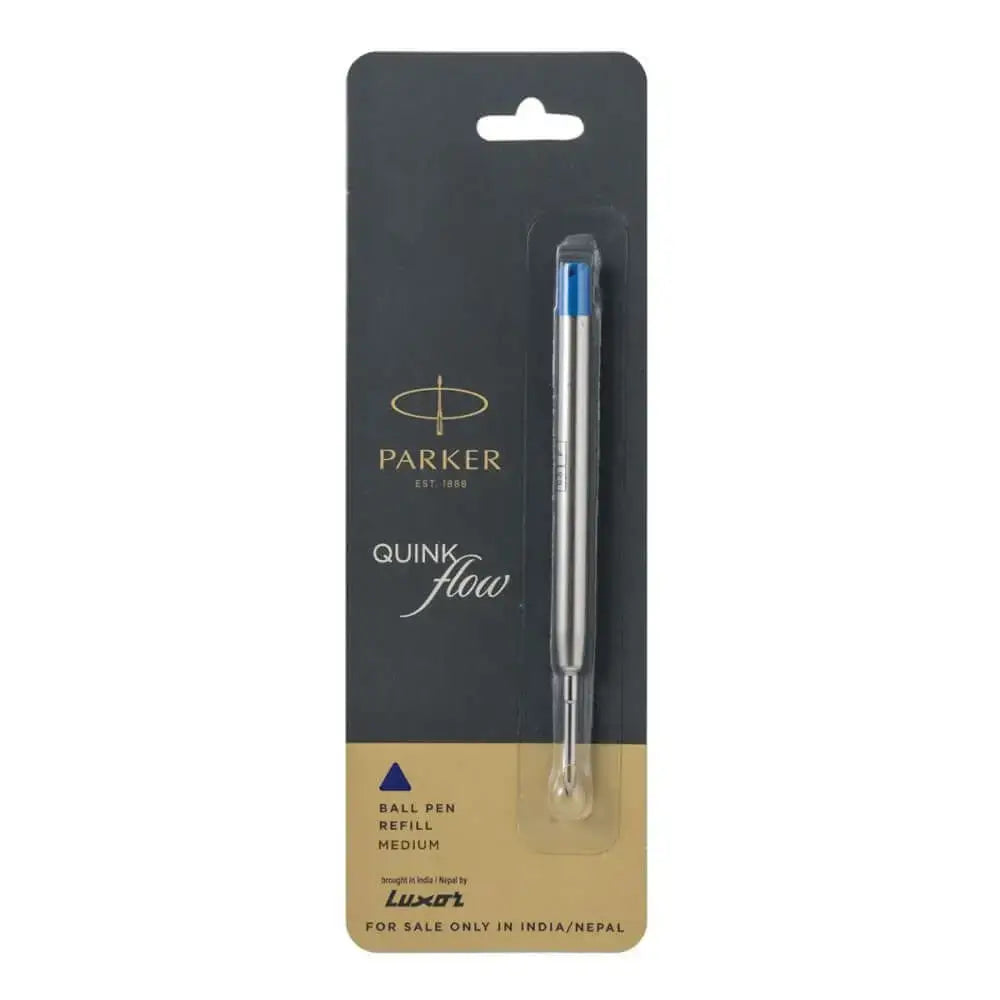 Parker Quink Flow Ball Pen Refill packaging with blue ink cartridge for smooth writing.