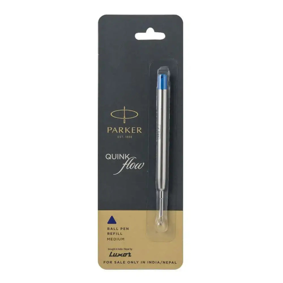Parker Quink Flow Ball Pen Refill packaging with blue ink cartridge for smooth writing.