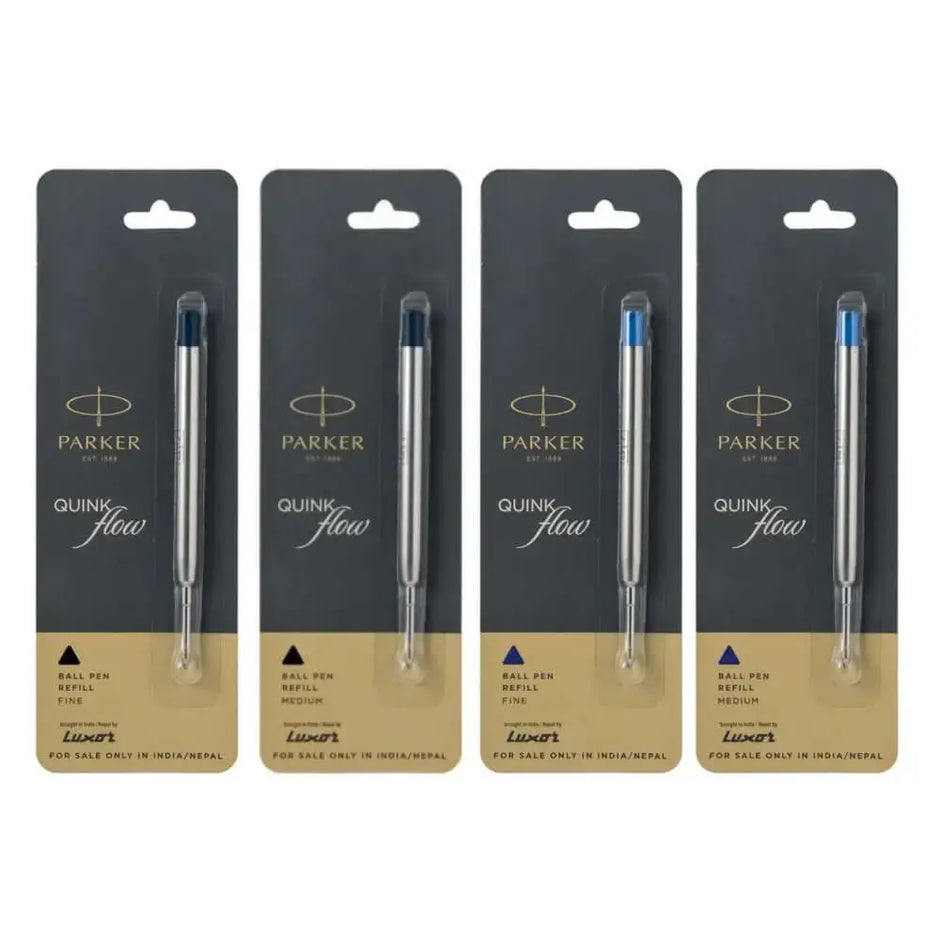 Parker Quink Flow Ball Pen Refill pack with four refills for smooth writing experience.