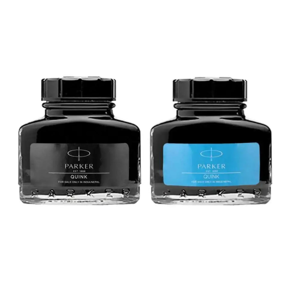 Parker Quink Ink Bottle duo, featuring black and blue ink for Parker fountain pens.