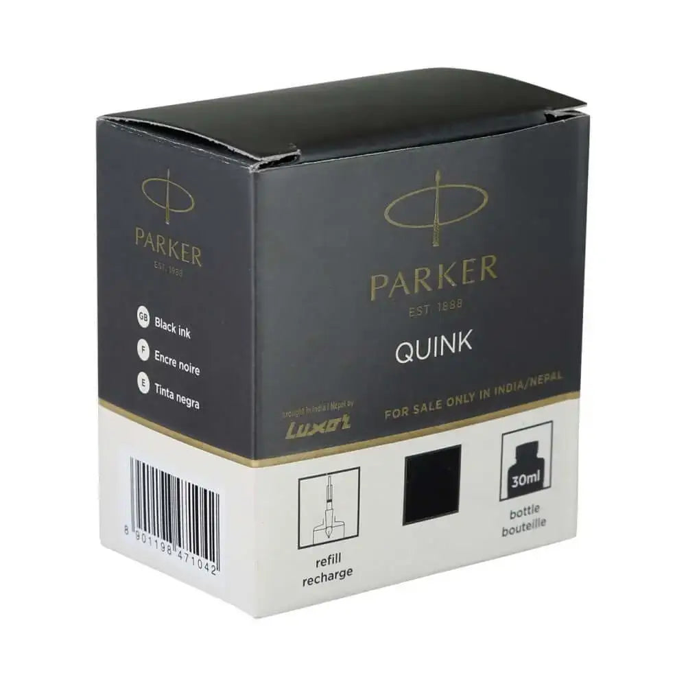 Parker Quink Ink Bottle packaging, 30 ml size, black ink refill option for fountain pens.