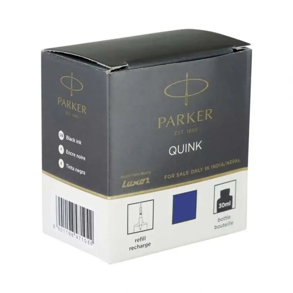 Parker Quink Ink Bottle packaging, featuring black ink and 30ml capacity for fountain pens.