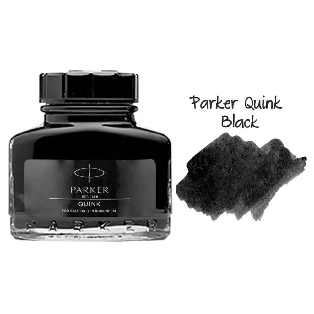 Parker Quink Ink Bottle with black ink swatch for fountain pens, showcasing high-quality ink and sophisticated design.