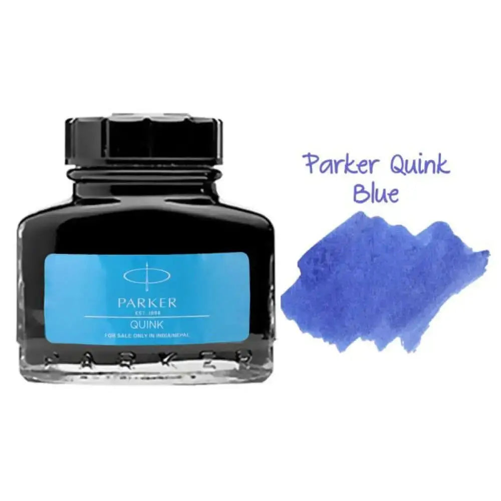 Parker Quink Ink Bottle with vibrant blue ink sample on the side, ideal for fountain pen users.