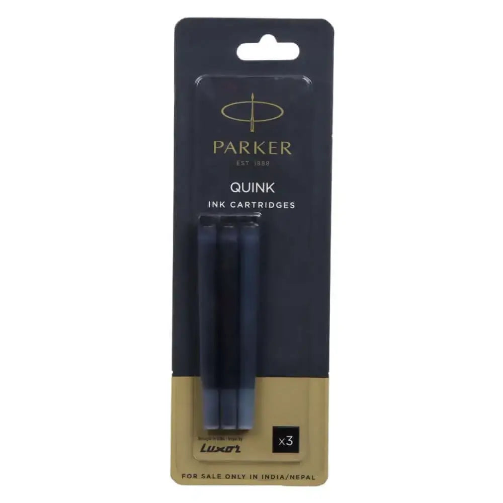 Parker Quink Ink Cartridges pack of 3 for fountain pens, ideal for quality writing with rich black/blue ink.