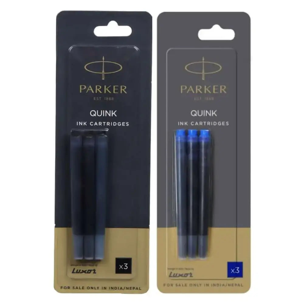 Parker Quink Ink Cartridges pack of 3, perfect for refilling fountain pens, available in black and blue hues.