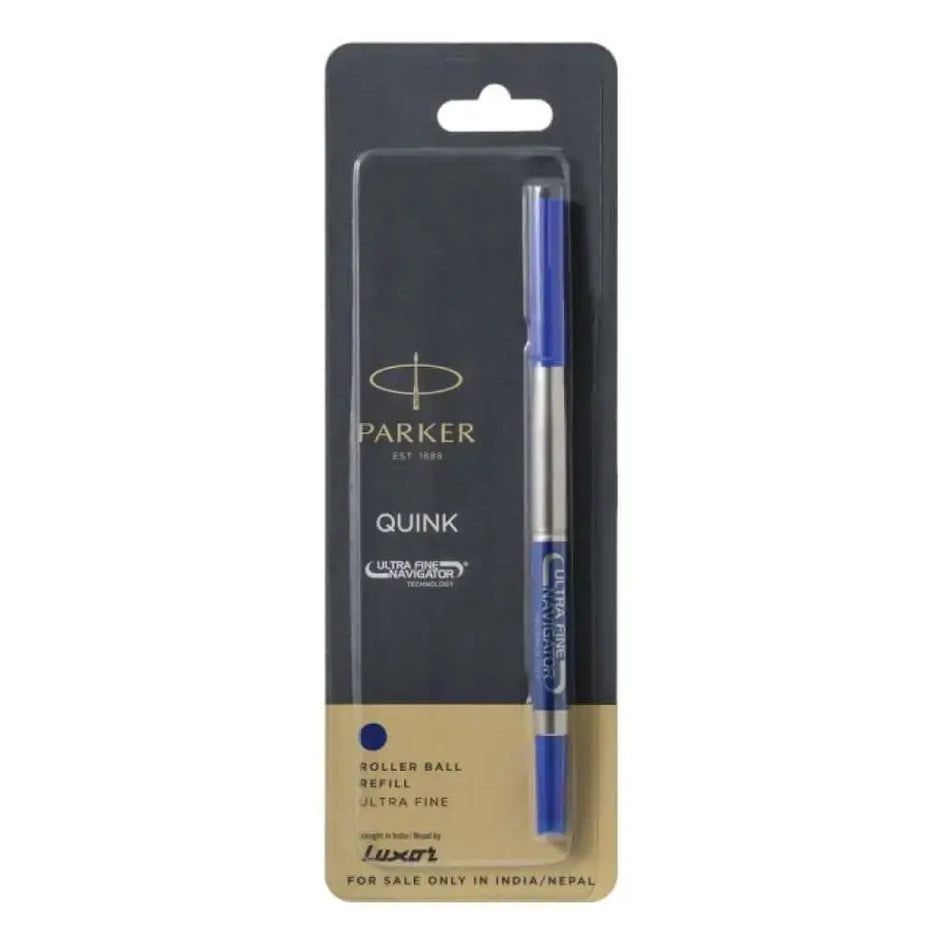 Parker Ultra Fine Navigator Roller Ball Refill in packaging with blue ink, perfect for precise writing.