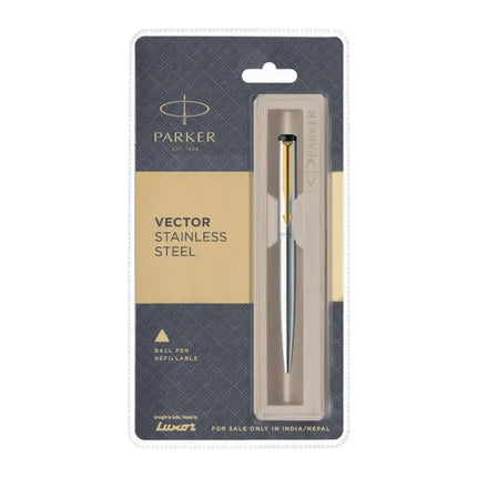 Parker Vector Ball Pen | Ink Colour - Blue - Stainless Steel / Gold Trim - Ball Pens