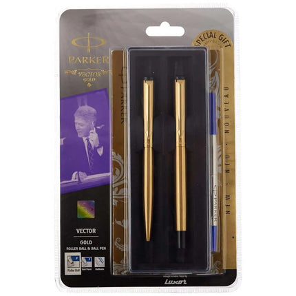 Parker Vector Gold Roller Ball Pen and Ball Pen Set | Ink Colour - Blue - Gift Set