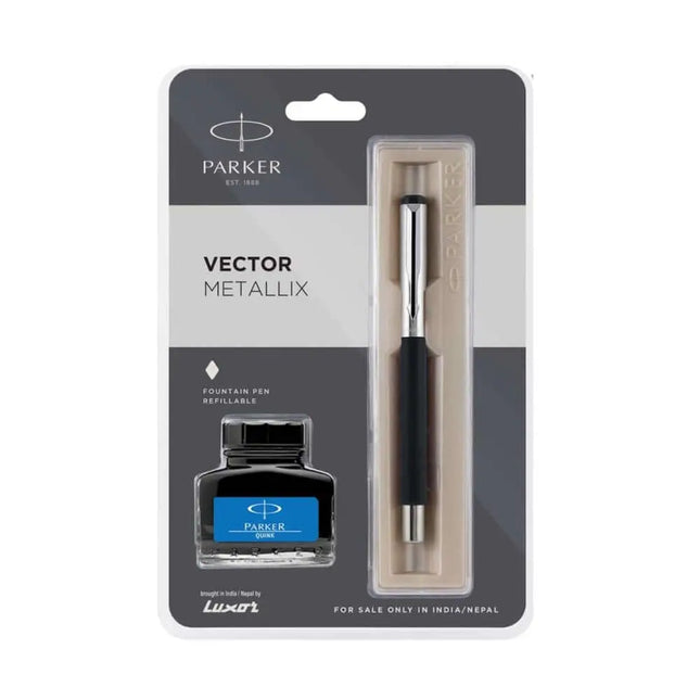 Parker Vector Metallix Fountain Pen with Quink Ink Bottle - Black - Fountain Pen
