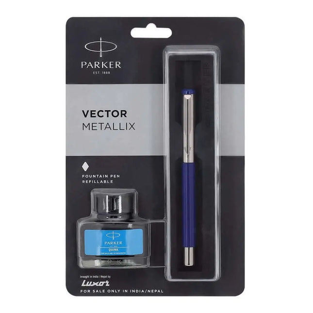 Parker Vector Metallix Fountain Pen with Quink Ink Bottle - Blue - Fountain Pen