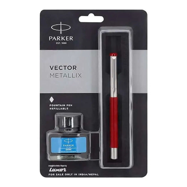Parker Vector Metallix Fountain Pen with Quink Ink Bottle - Red - Fountain Pen
