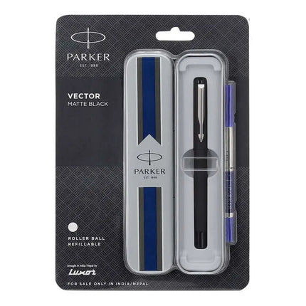 Parker Vector Roller Ball Pen | Ink Colour - Blue - Matt Black / Chrome Trim - Roller Ball Pens