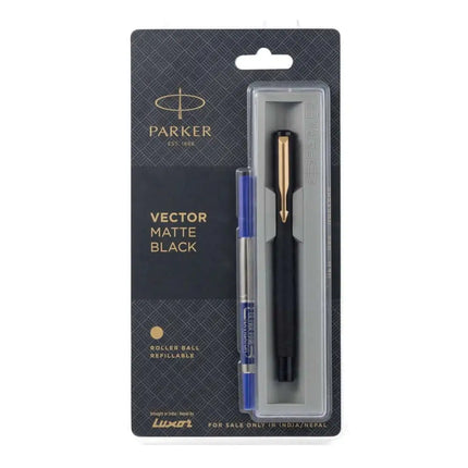 Parker Vector Roller Ball Pen | Ink Colour - Blue - Matt Black / Gold Trim - Roller Ball Pens