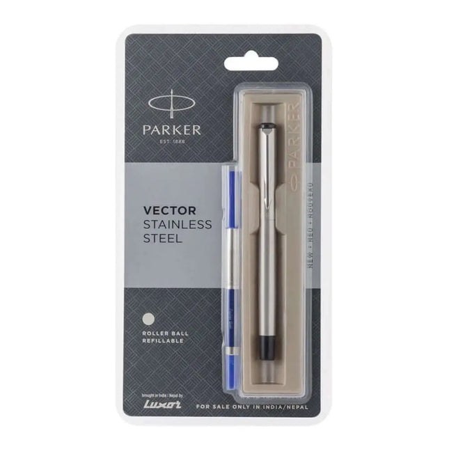 Parker Vector Roller Ball Pen | Ink Colour - Blue - Stainless Steel / Chrome Trim - Roller Ball Pens