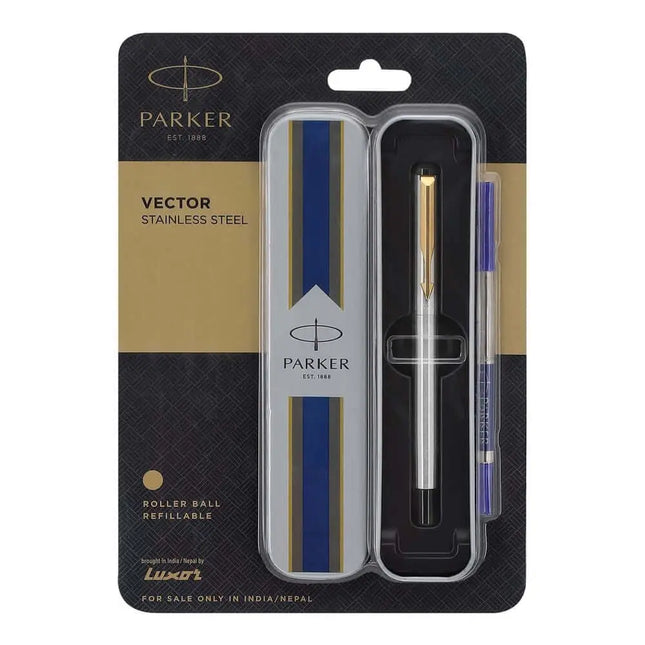 Parker Vector Roller Ball Pen | Ink Colour - Blue - Stainless Steel / Gold Trim - Roller Ball Pens