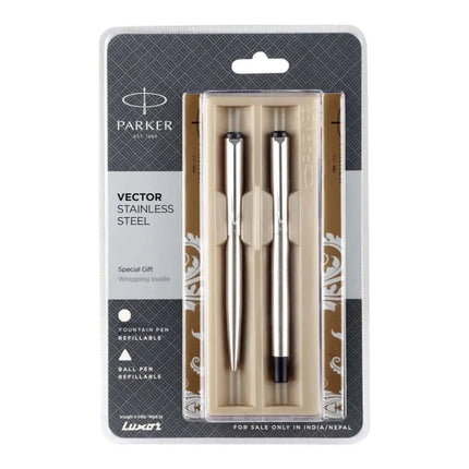 Parker Vector Stainless Steel Fountain Pen and Ball Pen Set | Ink Colour - Blue - Chrome Trim - Gift Set