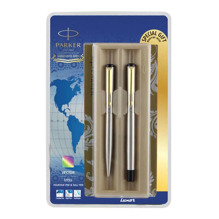 Parker Vector Stainless Steel Fountain Pen and Ball Pen Set | Ink Colour - Blue - Gold Trim - Gift Set