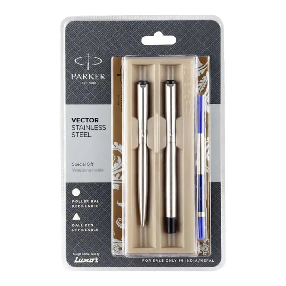 Parker Vector Stainless Steel Roller Ball Pen and Ball Pen Set - Chrome Trim - Gift Set