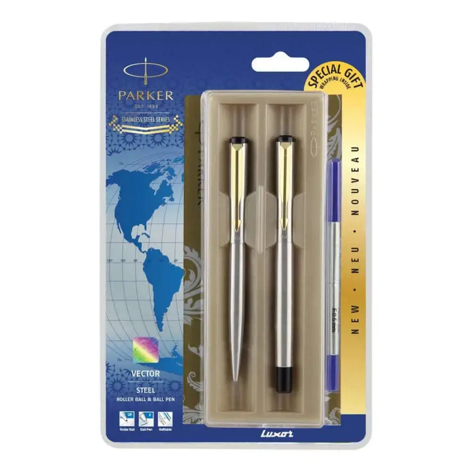 Parker Vector Stainless Steel Roller Ball Pen and Ball Pen Set - Gold Trim - Gift Set