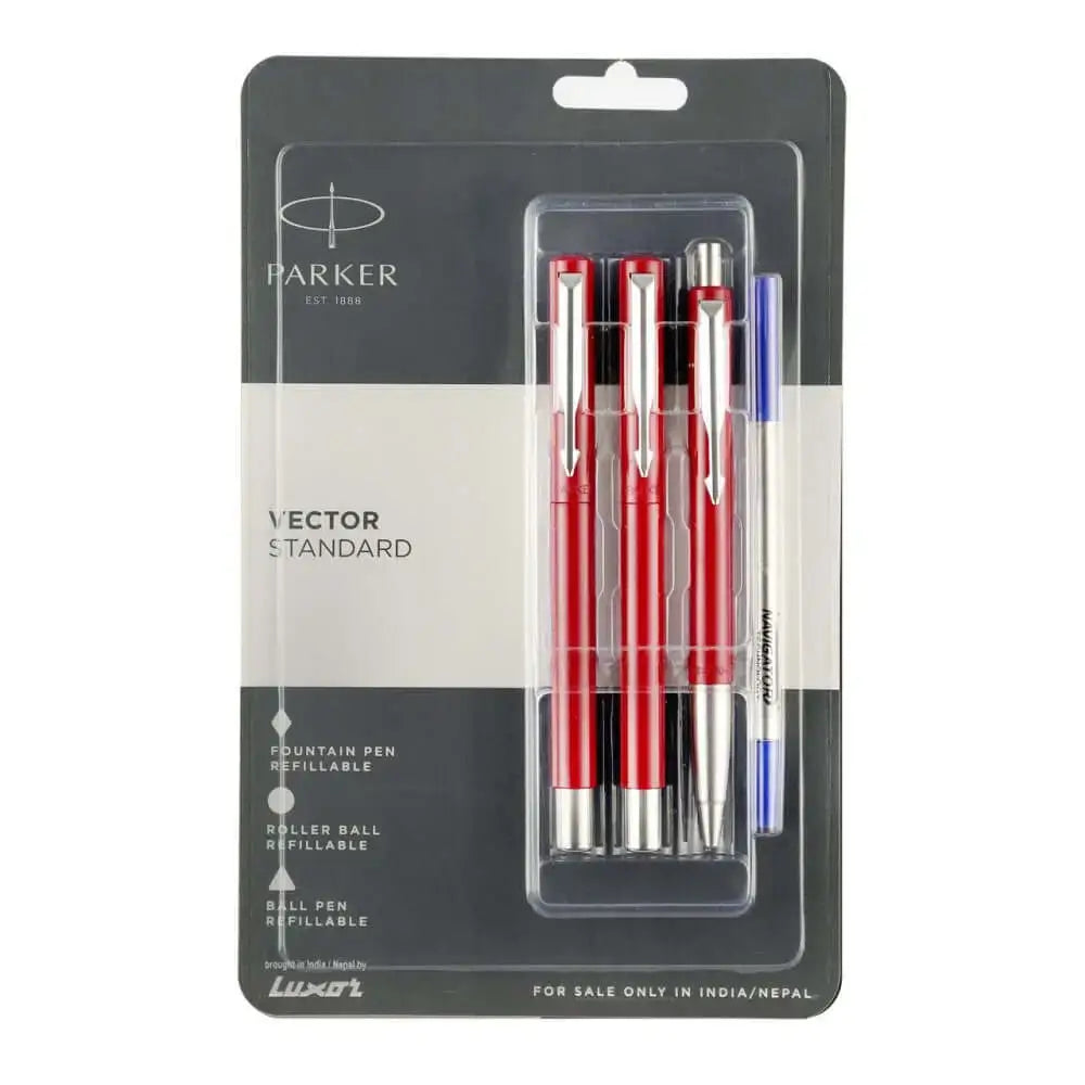 Parker Vector Standard Ball Pen Roller Ball Pen and Fountain Pen Set | Ink Colour - Blue - Red - Gift Set