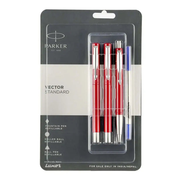 Parker Vector Standard Ball Pen Roller Ball Pen and Fountain Pen Set | Ink Colour - Blue - Red - Gift Set