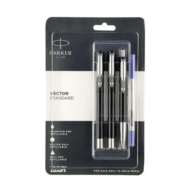 Parker Vector Standard Ball Pen Roller Ball Pen and Fountain Pen Set | Ink Colour - Blue - Black - Gift Set