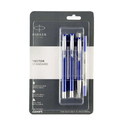 Parker Vector Standard Ball Pen Roller Ball Pen and Fountain Pen Set | Ink Colour - Blue - Blue - Gift Set