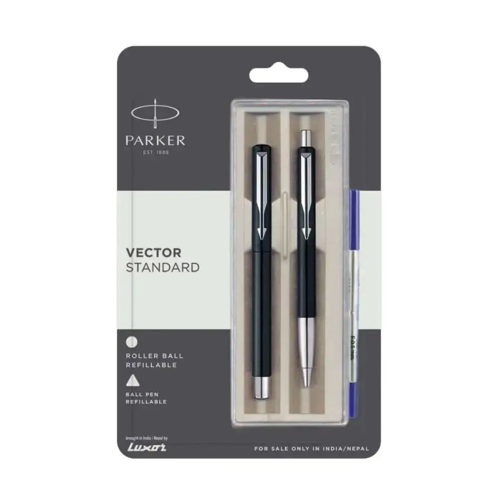 Parker Vector Standard CT Roller Ball Pen and Ball Pen Set | Ink Colour - Blue - Black - Gift Set