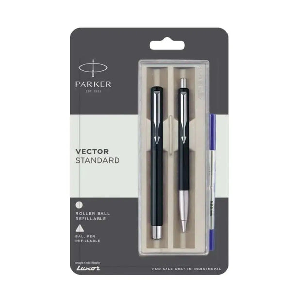 Parker Vector Standard CT Roller Ball Pen and Ball Pen Set | Ink Colour - Blue - Black - Gift Set