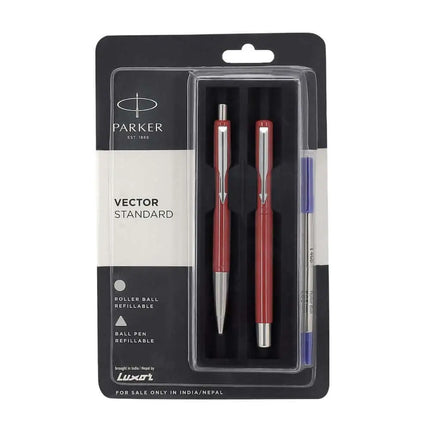 Parker Vector Standard CT Roller Ball Pen and Ball Pen Set | Ink Colour - Blue - Red - Gift Set