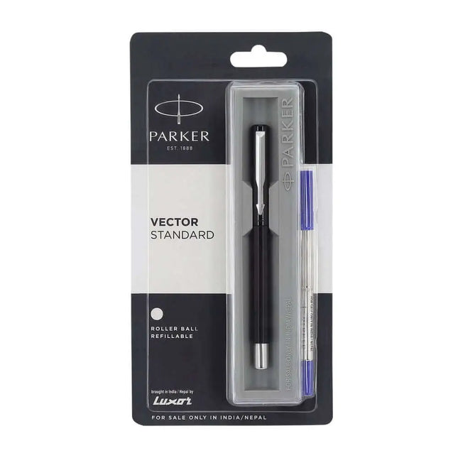 Parker Vector Standard Roller Ball Pen | Ink Colour - Blue - Black / Chrome Trim - Roller Ball Pens