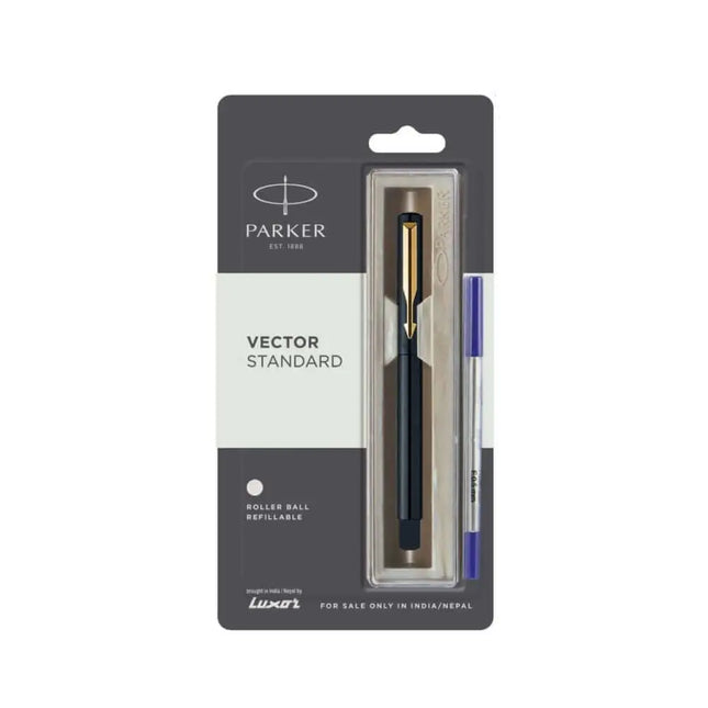 Parker Vector Standard Roller Ball Pen | Ink Colour - Blue - Black / Gold Trim - Roller Ball Pens