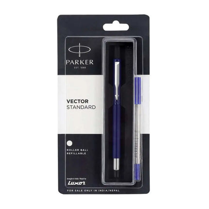 Parker Vector Standard Roller Ball Pen | Ink Colour - Blue - Blue / Chrome Trim - Roller Ball Pens