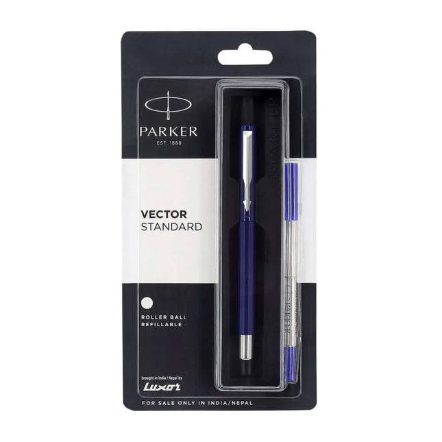 Parker Vector Standard Roller Ball Pen | Ink Colour - Blue - Blue / Chrome Trim - Roller Ball Pens