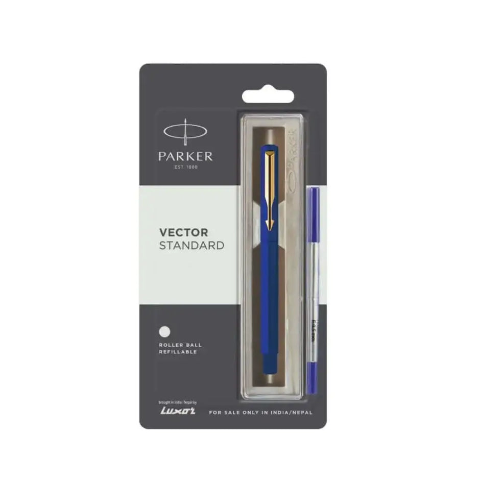 Parker Vector Standard Roller Ball Pen | Ink Colour - Blue - Blue / Gold Trim - Roller Ball Pens