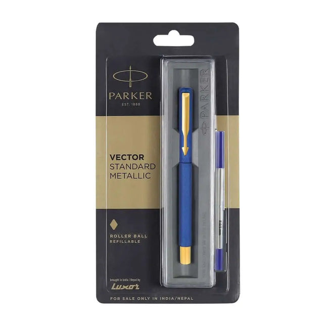 Parker Vector Standard Roller Ball Pen | Ink Colour - Blue - Metallic Blue / Gold Trim - Roller Ball Pens
