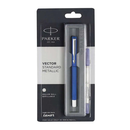 Parker Vector Standard Roller Ball Pen | Ink Colour - Blue - Metallic Blue / Chrome Trim - Roller Ball Pens