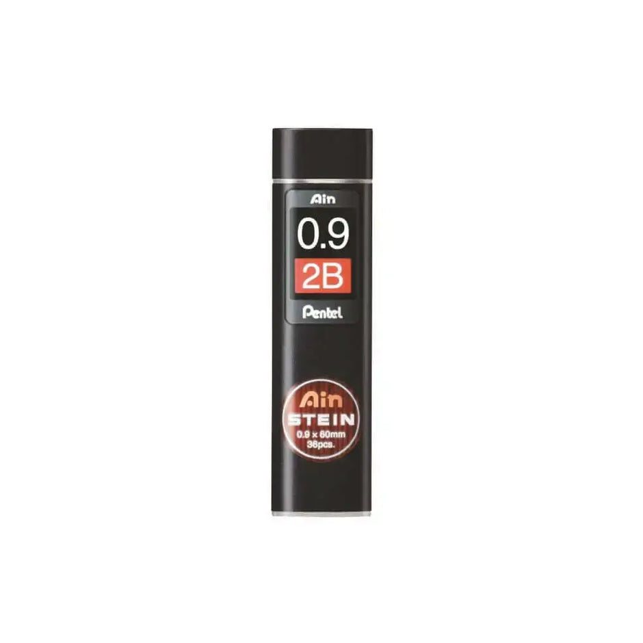 Pentel Ain Stein Leads for Mechanical Pencils in a compact swivel-top tube, showing 0.9 mm and 2B specification.