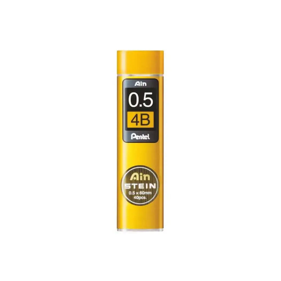 Pentel Ain Stein Leads for Mechanical Pencils in a compact yellow tube, featuring 0.5mm 4B lead.
