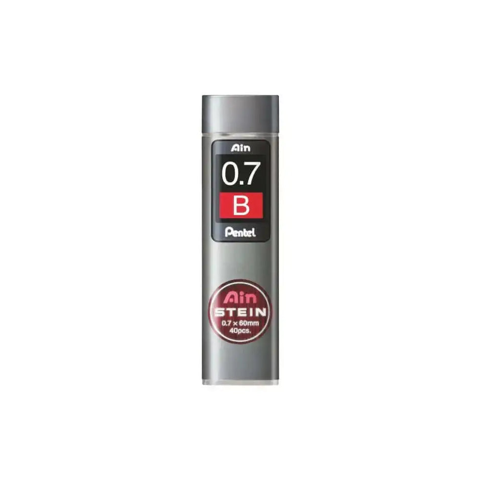 Pentel Ain Stein Leads for Mechanical Pencils in a compact tube, featuring 0.7mm B leads, ideal for durable writing.