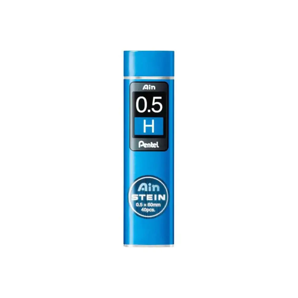 Pentel Ain Stein Leads for Mechanical Pencils in a compact swivel-top tube, featuring 0.5mm H hardness.