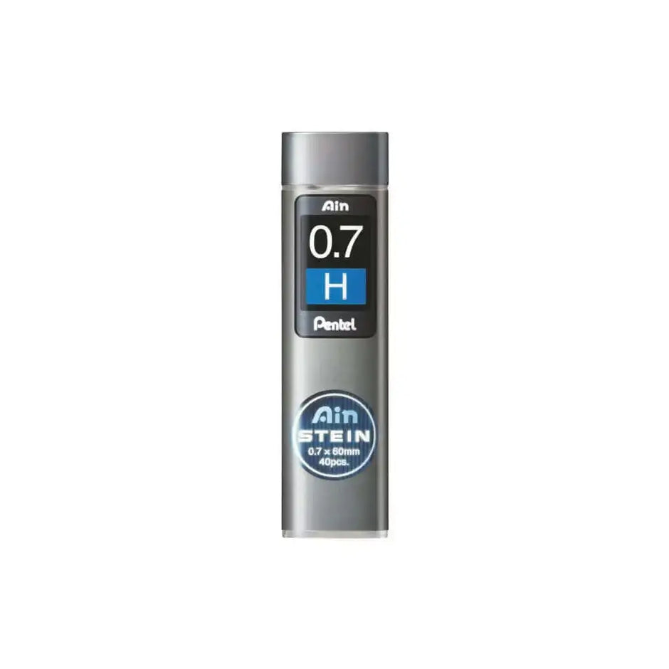 Pentel Ain Stein Leads for Mechanical Pencils in a compact swivel-top tube, showing 0.7mm H lead.
