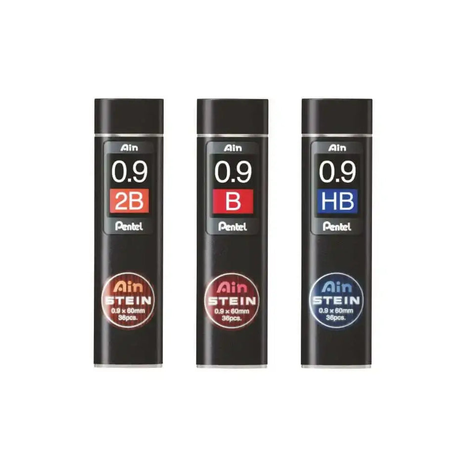 Pentel Ain Stein Leads for Mechanical Pencils in different grades, 2B, B, and HB in compact tubes.